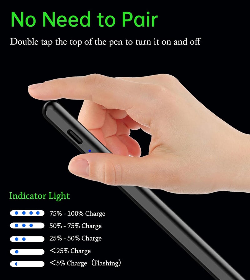 CMARS Stylus Pen for iPad 2018-2025, Pencil for Pad 9th&10th Generation with Tilt, Palm Rejection, Pencil Compatible with Apple iPad 6/7/8/9/10/A16, Pro 11"/12.9"/13"/M4, Mini 5/6, Air 3/4/5/M2/M3 - Black - Image 4